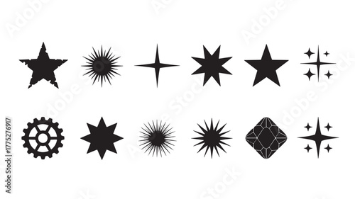 Collection of various star and sparkle shapes on transparent background silhouette