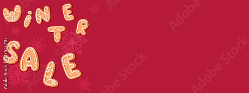 Winter sale banner with gingerbread letters. Christmas background, design template. Homemade gingerbread cookies. Vector illustration.