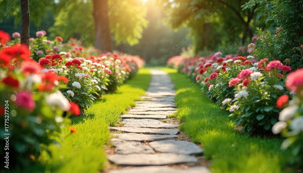 Fototapeta premium Stone path through manicured garden beds bursting with colorful red and white flowers under warm sunlight. Rich green grass lines walkway leading into serene backyard nature scene.