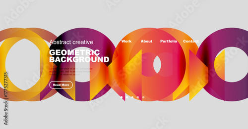 Colorful geometric shapes form abstract background. Text overlays include work, about, portfolio, contact options. Button reads read more.