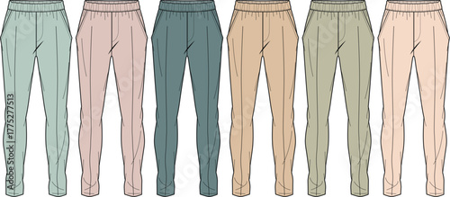 Set of women's casual sweatpants in various pastel colors and styles