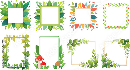 Collection of eight square and rectangular frames decorated with leaves, vines, and mushrooms. Vector set nature themed frames.