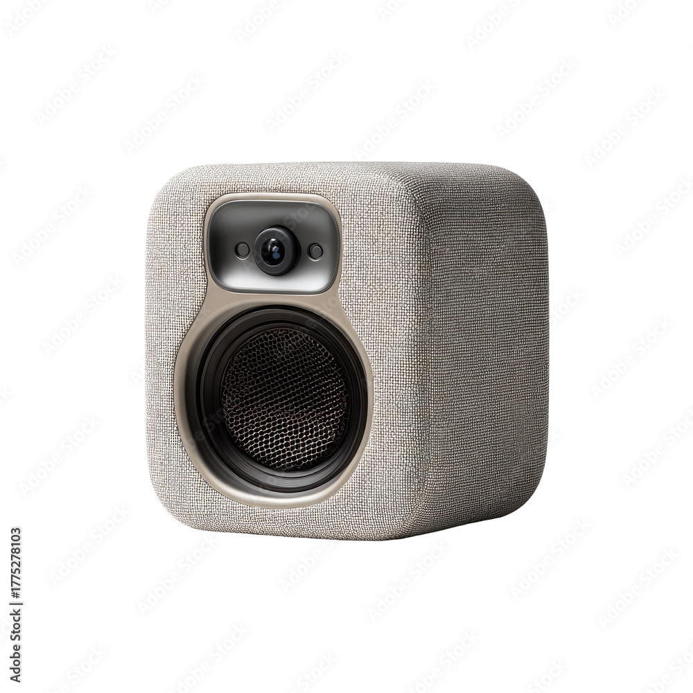 Fototapeta premium A beige, fabric-covered cube speaker with a small, integrated camera and a circular speaker grill