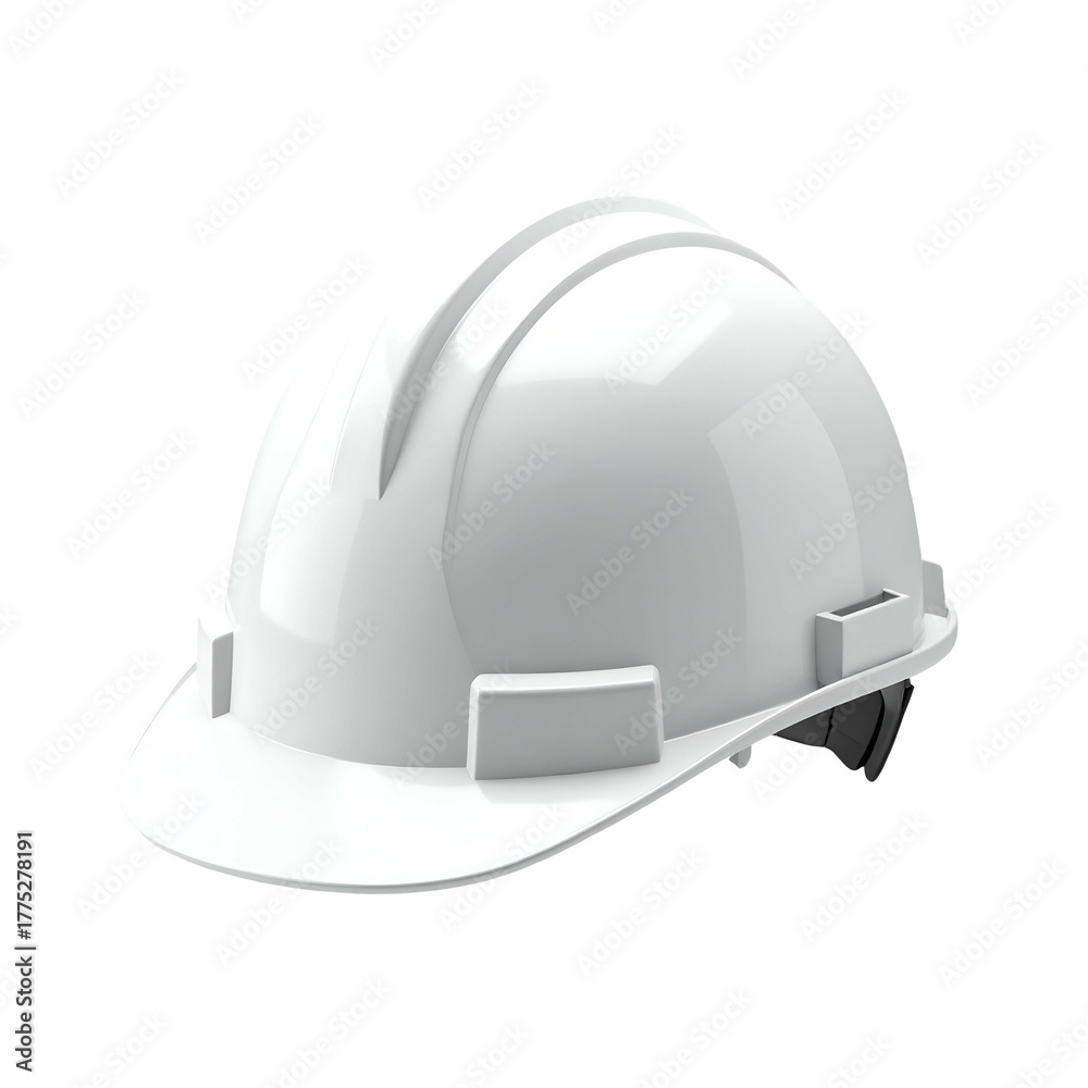 Fototapeta premium A glossy white safety helmet, isolated on a black background, appears three-dimensional