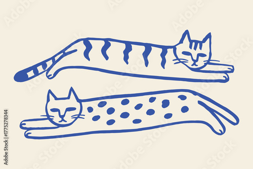 Long cats lying, naive hand-drawn sketch vector illustration