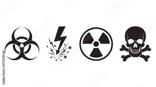 Dangerous symbols collection biohazard electricity radiation and skull silhouette on transparent background