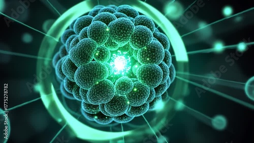 Microscopic Marvel: An artistic depiction of cells with a luminous center, radiating energy and connected by intricate lines. Explore the fascinating world of cellular structures and concepts.