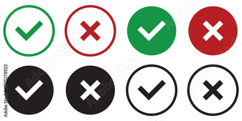 Tick, cross icon set. Yes or no symbol, approved or rejected icon for user interface. Green tick and red cross checkmarks. Right or wrong icons. Checkmark and x mark icon for apps and websites.