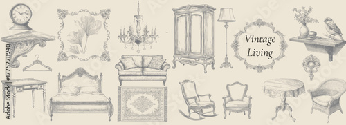 Elegant Vintage Interior Illustrations in Engraved Etching Style, perfect for home decor, branding, antique packaging, and seasonal design projects.