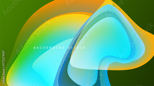 Abstract fluid shapes blend vibrant colors. Green, yellow, orange, blue create dynamic visual flow. Modern design element.