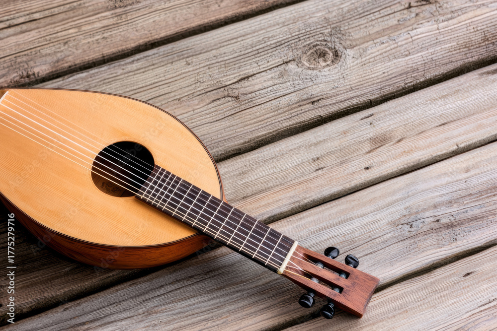 Fototapeta premium Classic lute resting on contemporary wooden bench under soft natural light, evoking warm nostalgic mood