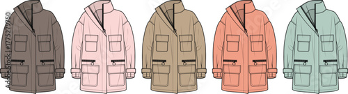 Fashion technical flat sketches of a modern women's parka jacket, showcasing five distinct earthy and pastel color options for apparel design and fashion illustration