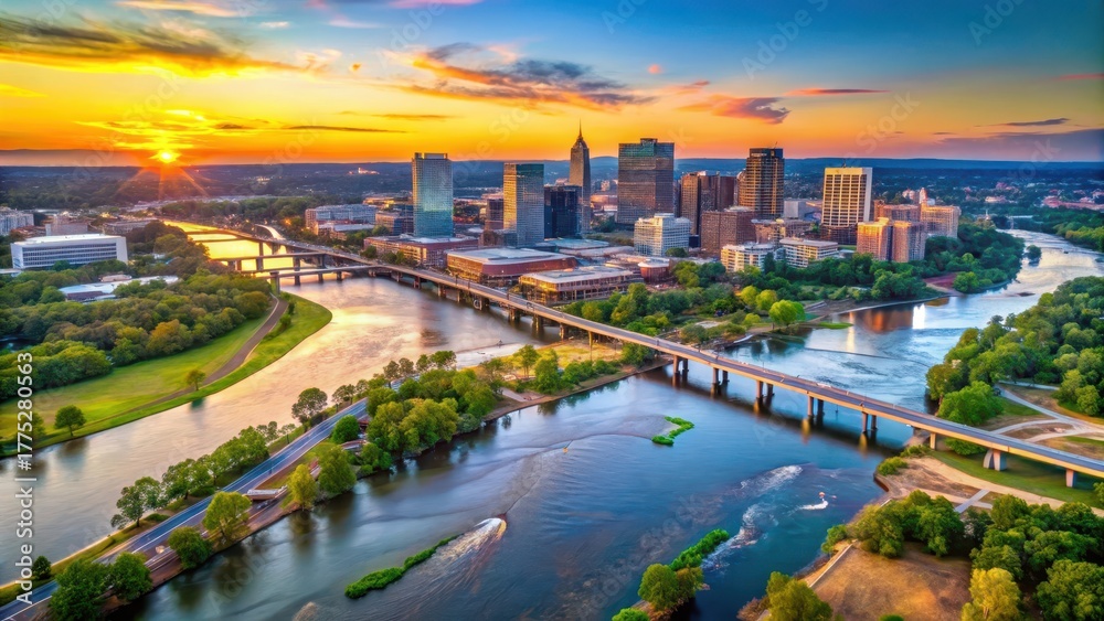 Fototapeta premium Aerial view of Richmond cityscape at sunset with the James River flowing through it