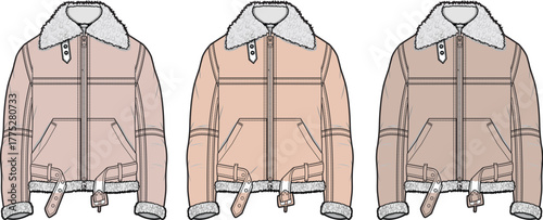 Vector Fashion Illustration of Three Light Brown Leather Bomber Jackets with Shearling Collars and Belted Hem Details