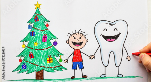 Children's drawing of a child and a tooth at Christmas, ideal for pediatric dentistry advertising and promotions  