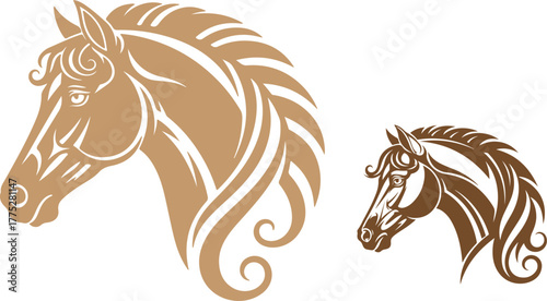 Two horse head silhouettes in varying sizes against a stark black background