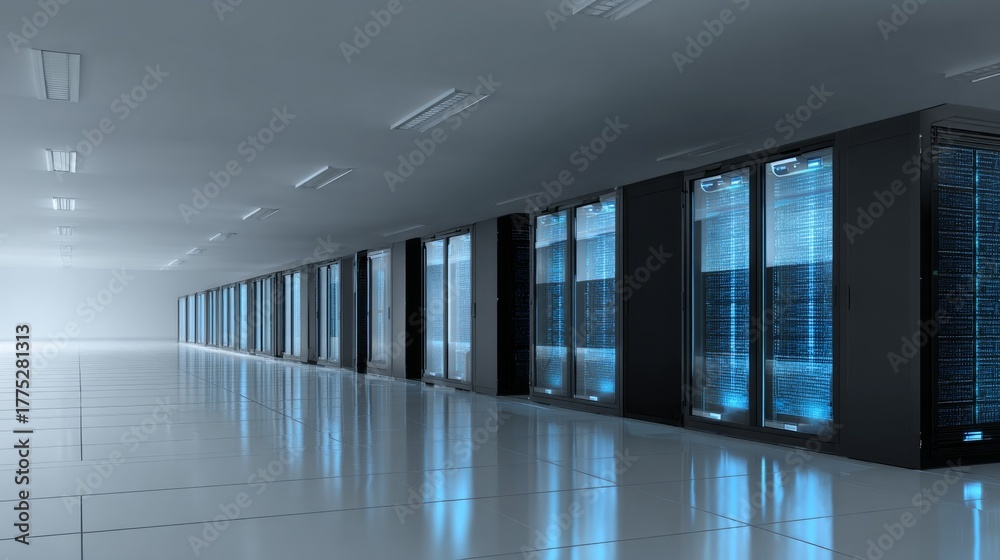Fototapeta premium Futuristic Supercomputer with Glowing Blue Lights in High-Tech Minimalist Environment, Showcasing Advanced Technology and Innovation with Ample Copy Space