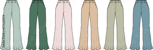 Collection of flat technical drawings showcasing various colorful women's flared trousers, perfect for fashion design inspiration and apparel mockups