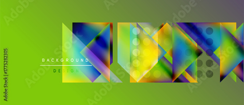 Abstract geometric shapes overlap vibrant green backdrop. Colorful triangles, squares create dynamic visual texture. Modern design element.