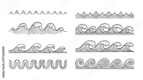 Vintage wave patterns illustration set decorative ocean borders on transparent background silhouette