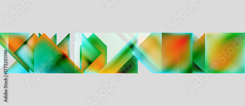 Abstract geometric shapes, vibrant colors blend. Green, orange, teal dominate composition. Modern design, digital art style.