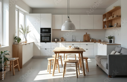 Wallpaper Mural Modern bright kitchen, living room interior. White cabinets, wood counter, dining table with stools. Built-in appliances, pendant lamp. Cozy sofa, plants complete open space home design. Natural Torontodigital.ca