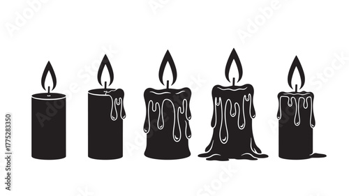 Five melting candles in a row on transparent background silhouette