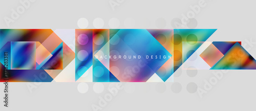 Abstract geometric shapes, vibrant colors, modern design. Gradient squares, triangles create dynamic background. Text reads background design.