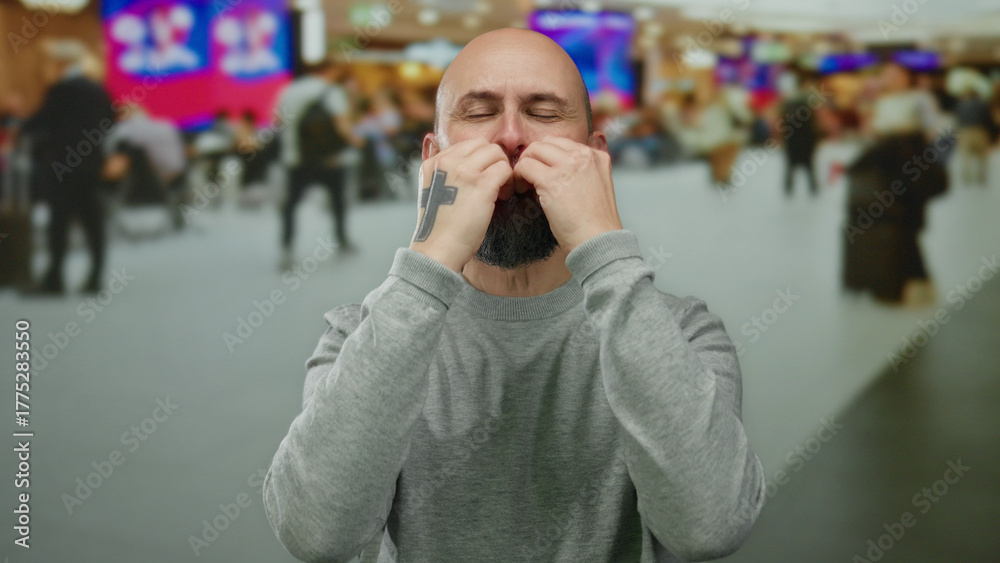 Fototapeta premium Man smiling at airport terminal with a beard and tattooed hands, surrounded by bustling travelers inside a modern indoor setting showcasing vibrant colors and a relaxed vibe.