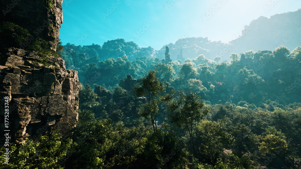 Fototapeta premium Towering cliffs rise above a verdant valley, where rich trees blanket the landscape. Sunlight bathes the scene, highlighting the beauty of natures untouched paradise.