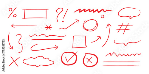 Set of Hand drawn doodle design elements, charcoal or pencil drawn punctuation marks. Set of hand drawn arrows, icons, Checkmarks. Vector doodle marker drawing. Hand drawn charcoal symbols for diagram