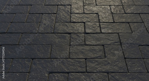 Dark textured stone pavers are arranged in an alternating rectangular pattern catching light on their rough surfaces