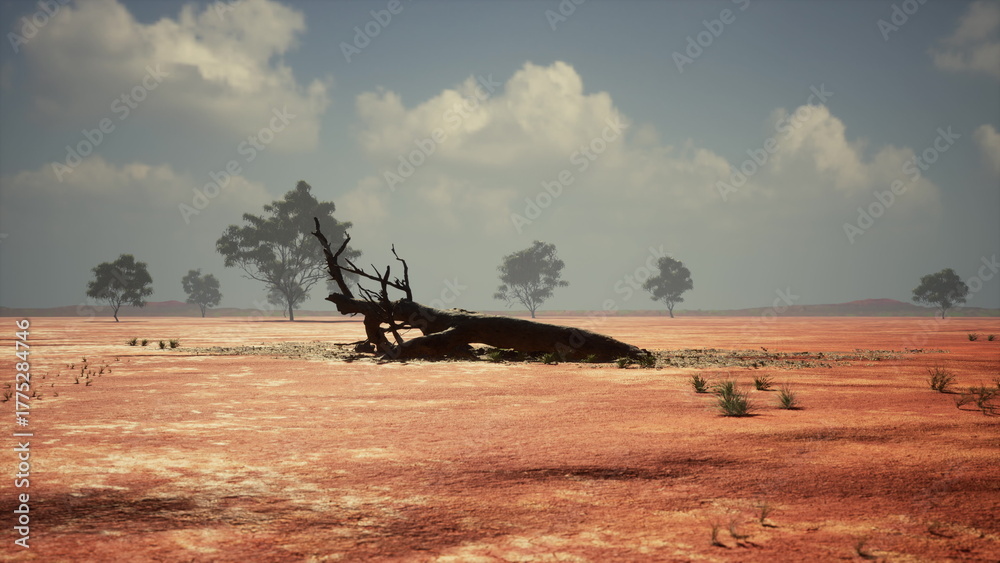 Fototapeta premium A dry and expansive landscape features a large, weathered log resting on cracked earth. Sparse vegetation and a few distant trees are visible against a backdrop of soft clouds in the sky.