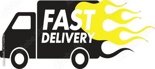 Black delivery truck with yellow flames