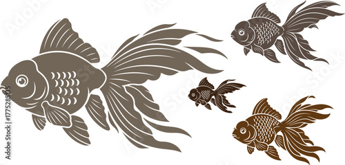 Four goldfish swimming together in a dark aquarium creating a peaceful scene