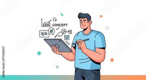 A Person Conceptualizing Ideas and Strategies on a Digital Tablet Visualization Design