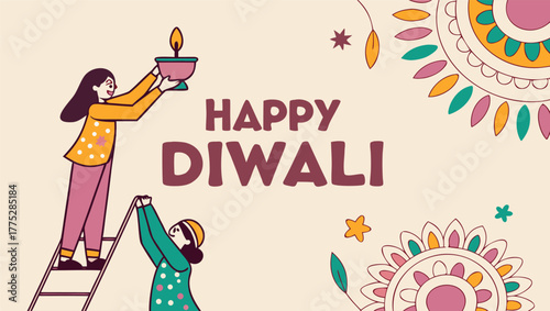 Happy Diwali Banner Design — bright and colorful background with ornate decorative diya lamps, glowing flames, and festive patterns, elegant typography reading “Happy Diwali – Festival of Lights