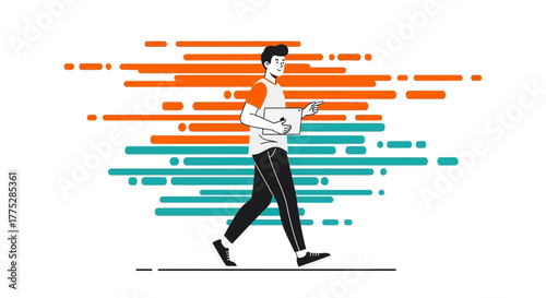 A Person Walks Forward Holding a Tablet with Colorful Abstract Graphics