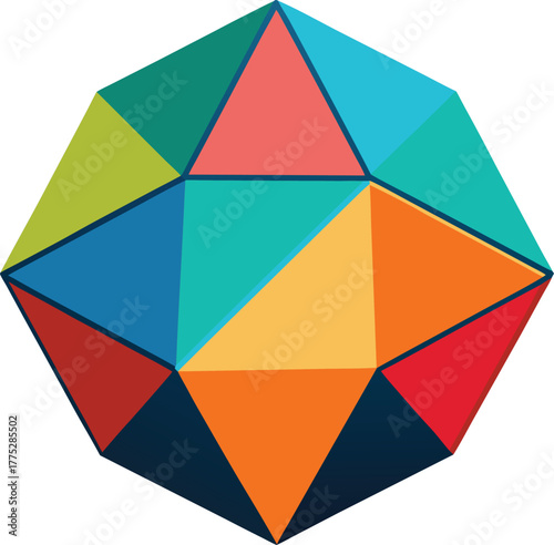 Colorful geometric abstract shape with triangular facets and dark blue outlines polygon vector.