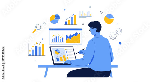 Analyst Conducting Data Analysis Using Laptop and Advanced Charts for Effective Results
