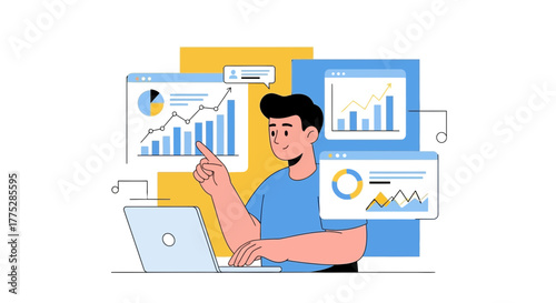 Analyst Conducting Data Analysis Using Laptop and Charts Displaying Economic Growth Information