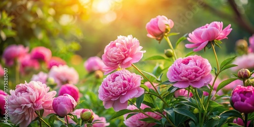 Fototapeta Naklejka Na Ścianę i Meble -  Elegant pink peonies and roses in a lush garden with soft focus and warm lighting