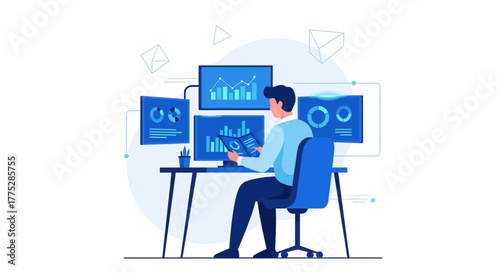 Analyst Working With Data Visualizations on Multiple Screens to Analyze Information
