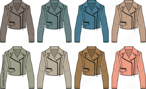Collection of cropped leather biker jackets displayed in various shades and colors