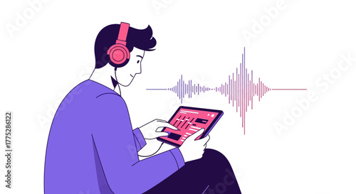 Audio Mastering Illustrated: Young Person Curates Media Harmony with Tablet and Headphones