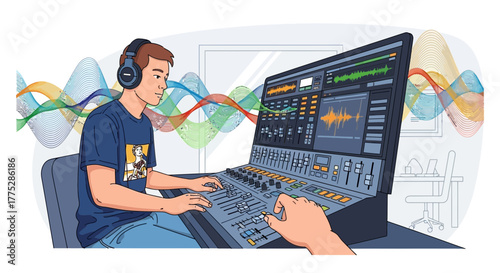 Audio Engineering Illustration Depicting Sound Mixing, Mastering, Studio Environment, and Production