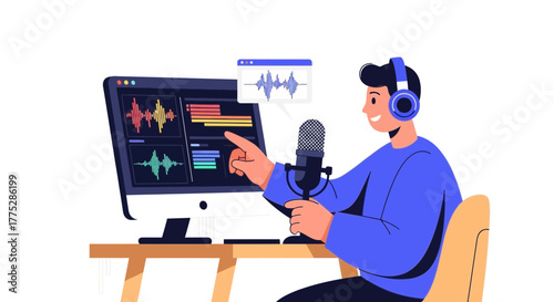 Audio Producer Recording Podcast on Computer with Analysis Software and Microphone