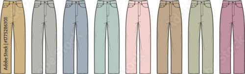 Various colors of high-waisted jeans displayed in a row, perfect for fashion and apparel design inspiration