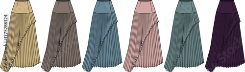 Six elegant skirt designs with asymmetrical hems, offering diverse color options for fashion inspiration