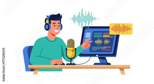 Audio Producer With Microphone And Computer Displaying Sound Waves Perfect For Podcast Content